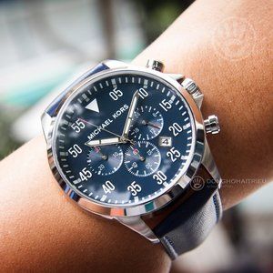 🔥MICHAEL KORS MK8617 Gage Blue Leather Watch 45mm